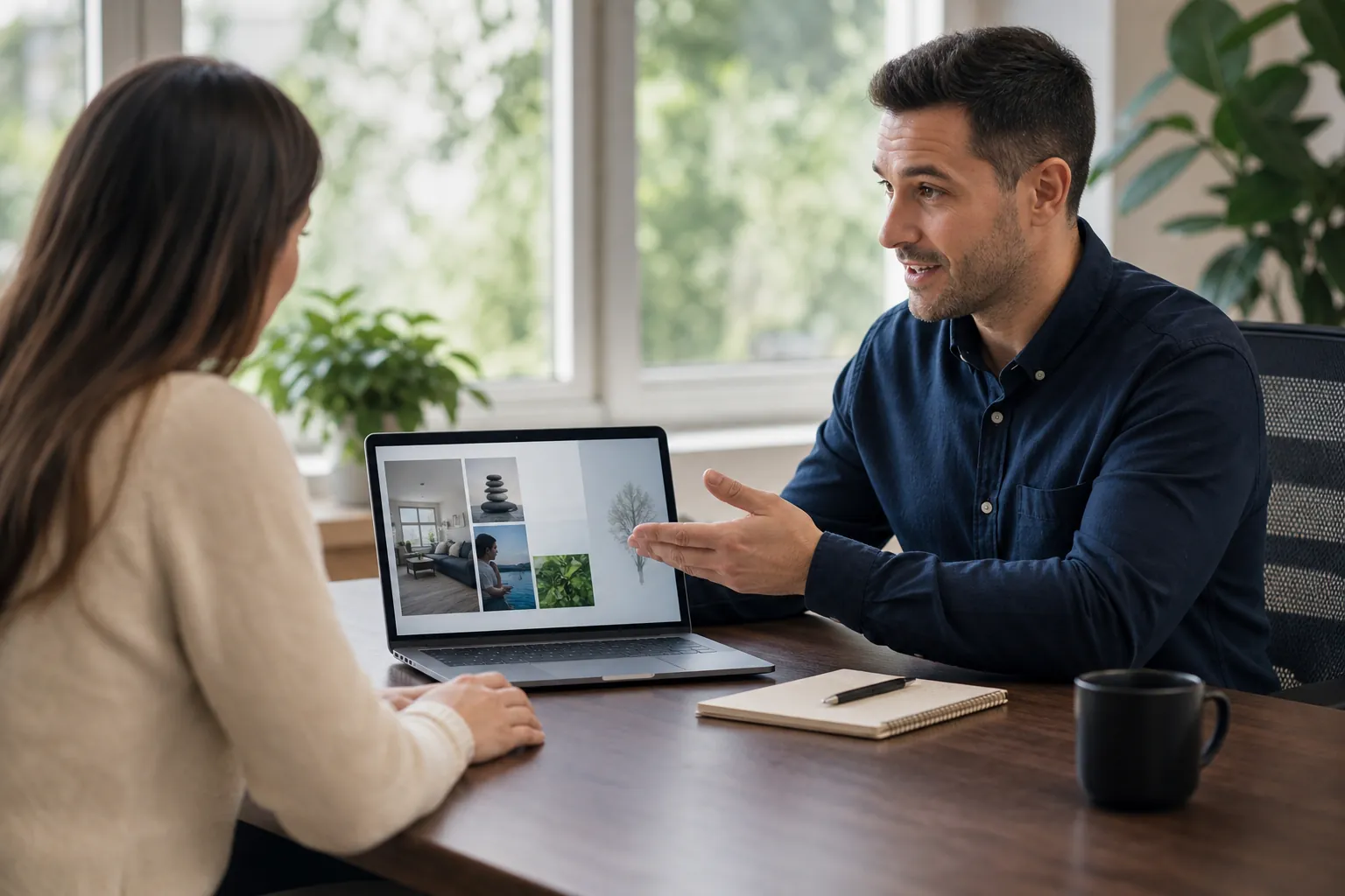 A man gestures toward a laptop displaying wellness photos while meeting with a woman at a table with a notebook and mug.