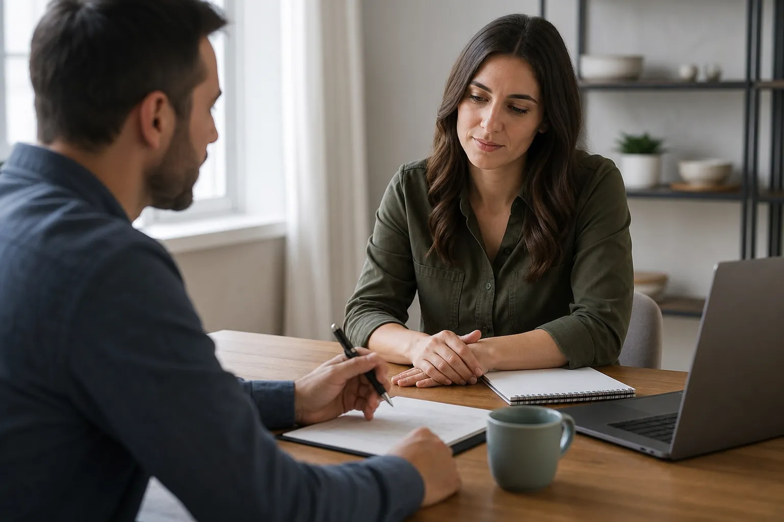 A man holding a pen meets with a woman across a wooden desk with notebooks, an open laptop, and a ceramic mug.