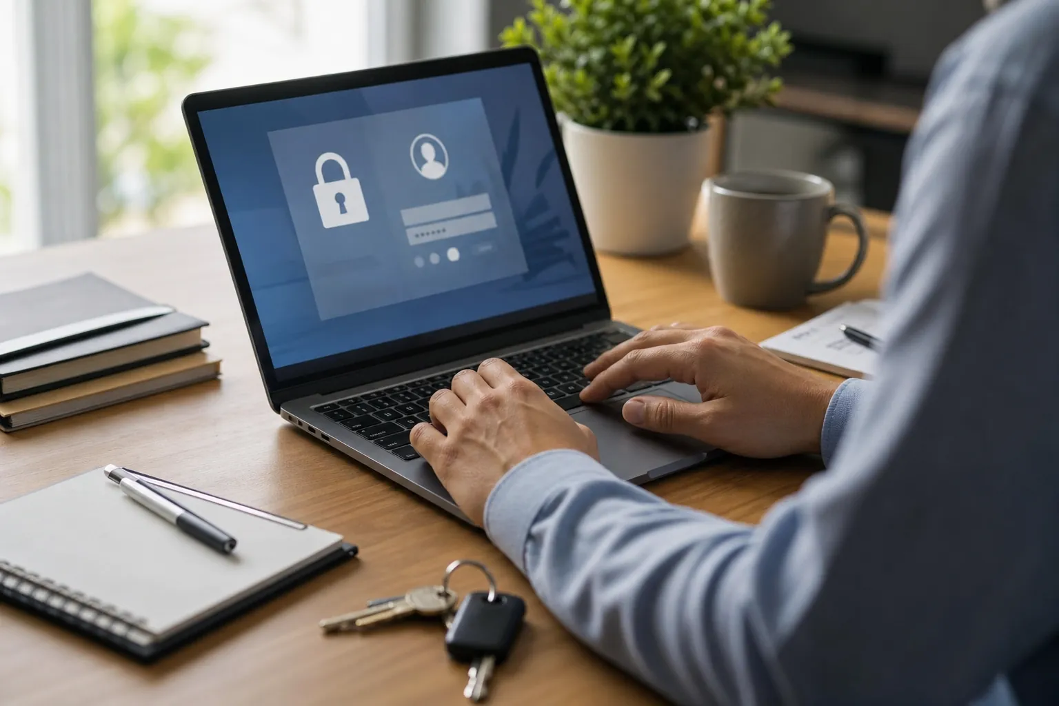 Person using a laptop displaying a padlock and login fields at a wooden desk with notebooks, keys, a mug, and a plant.