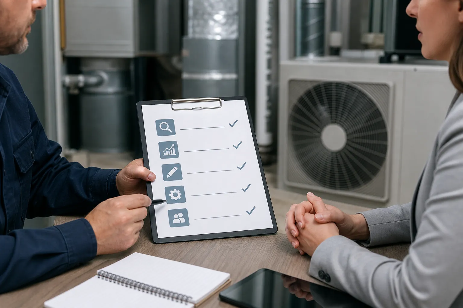 Two people review a clipboard checklist at a table beside HVAC equipment, with a notebook and tablet in front of them.