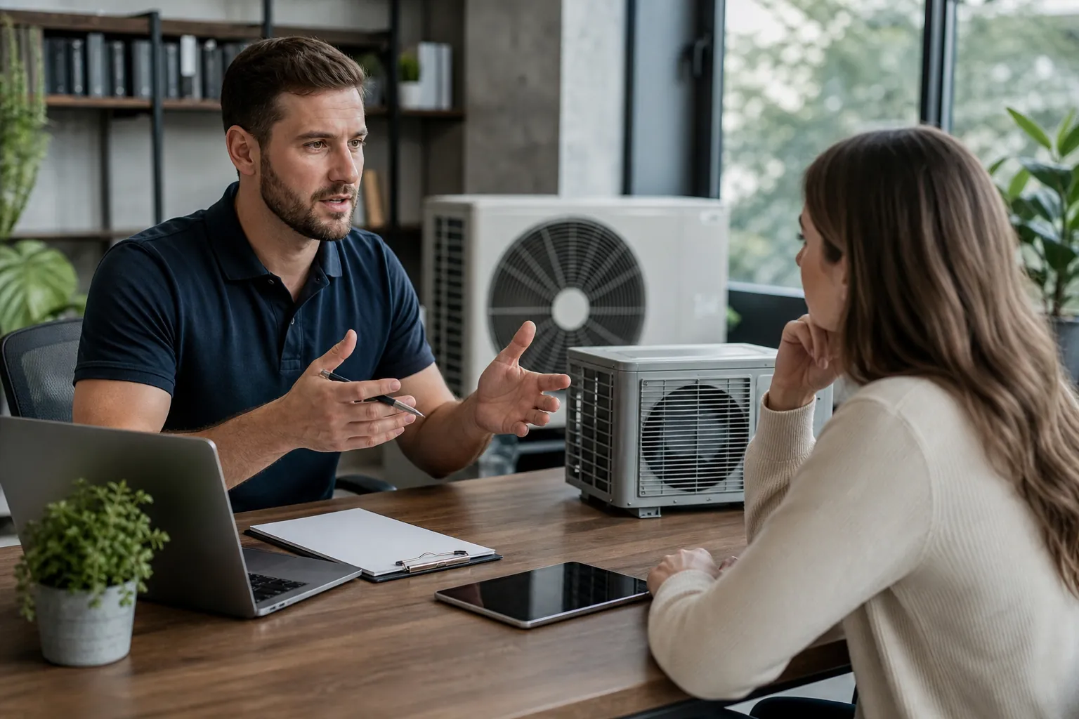 A man and woman discuss HVAC equipment at an office table with a laptop, clipboard, tablet, and small condenser unit.