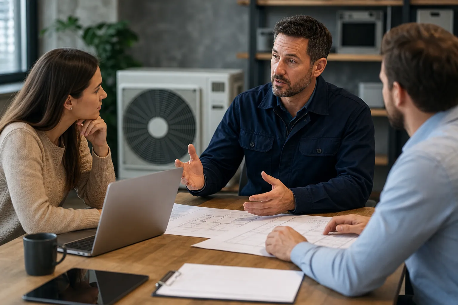 Three people discuss plans around a wooden table with a laptop, blueprints, and an HVAC unit behind them.