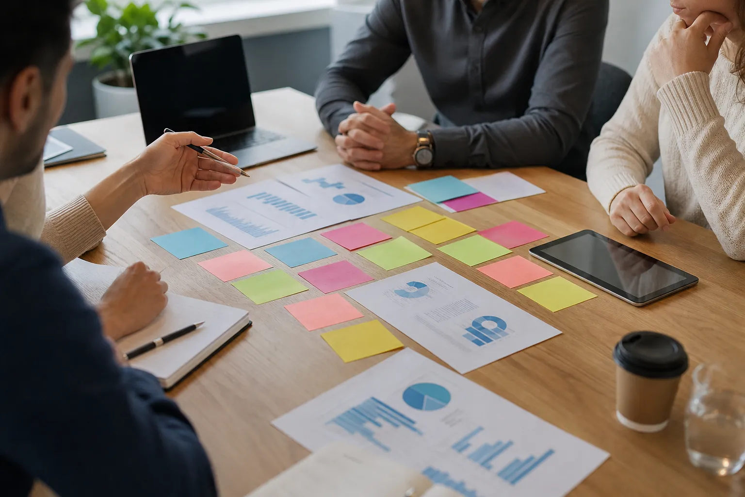 People meet around a wooden table with colorful sticky notes, printed charts, a laptop, a tablet, and a notebook.