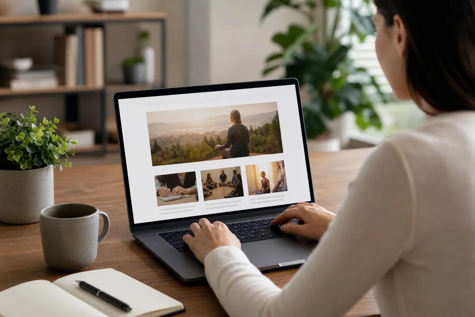 A woman views a laptop website featuring outdoor meditation and group sessions, with a mug, notebook and plants nearby.
