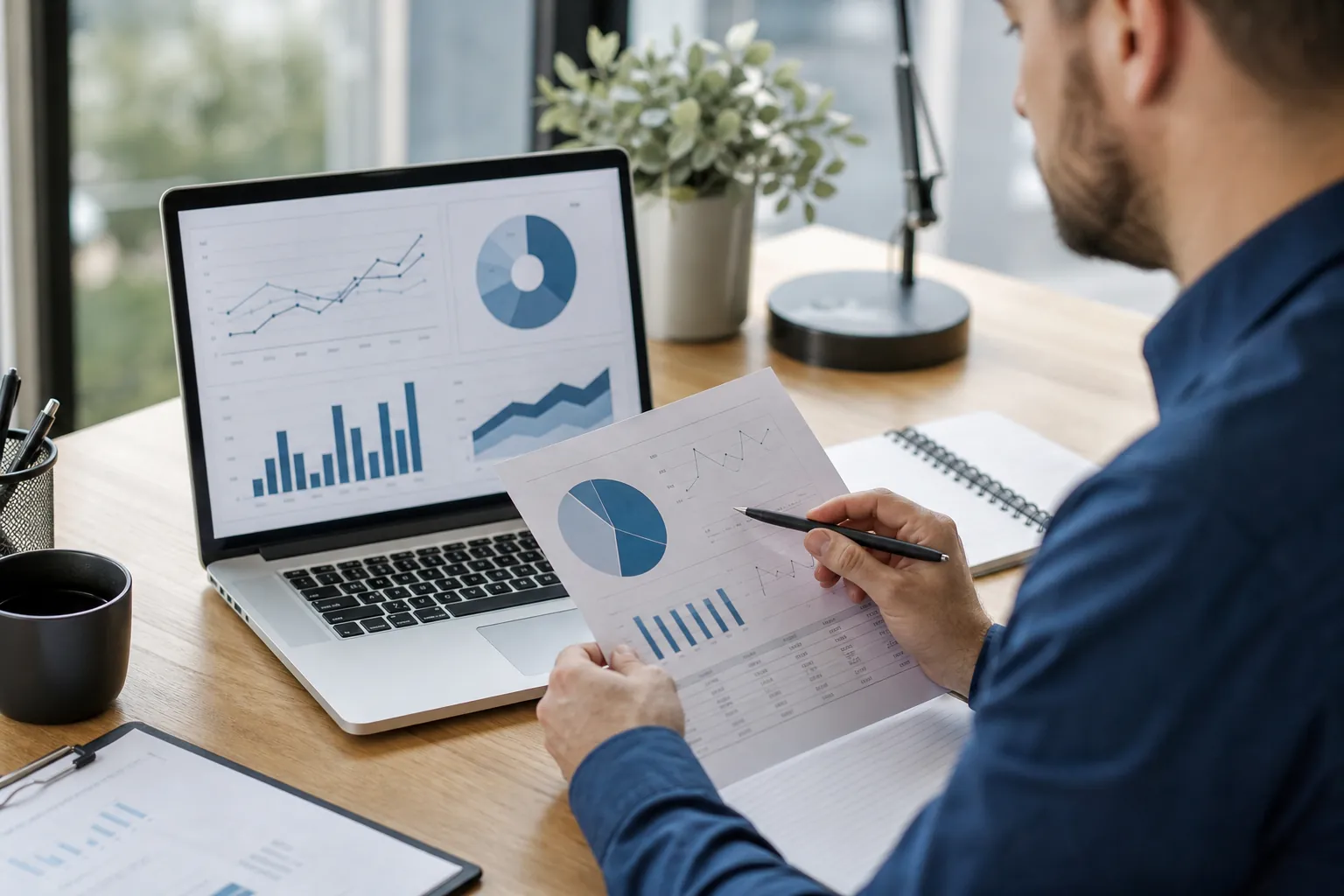 A man holds a printed analytics report and a pen beside a laptop displaying line, bar, and doughnut charts at a desk.