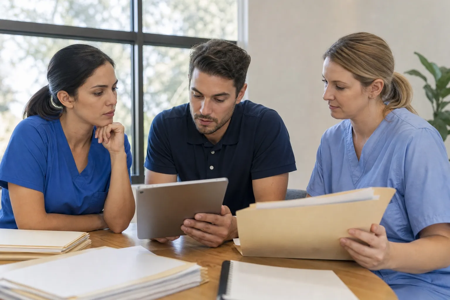 Healthcare Team Reviewing a Tablet and Paper Files Two women in scrubs and a man in a navy polo review a tablet and a file folder at a table covered with paperwork.