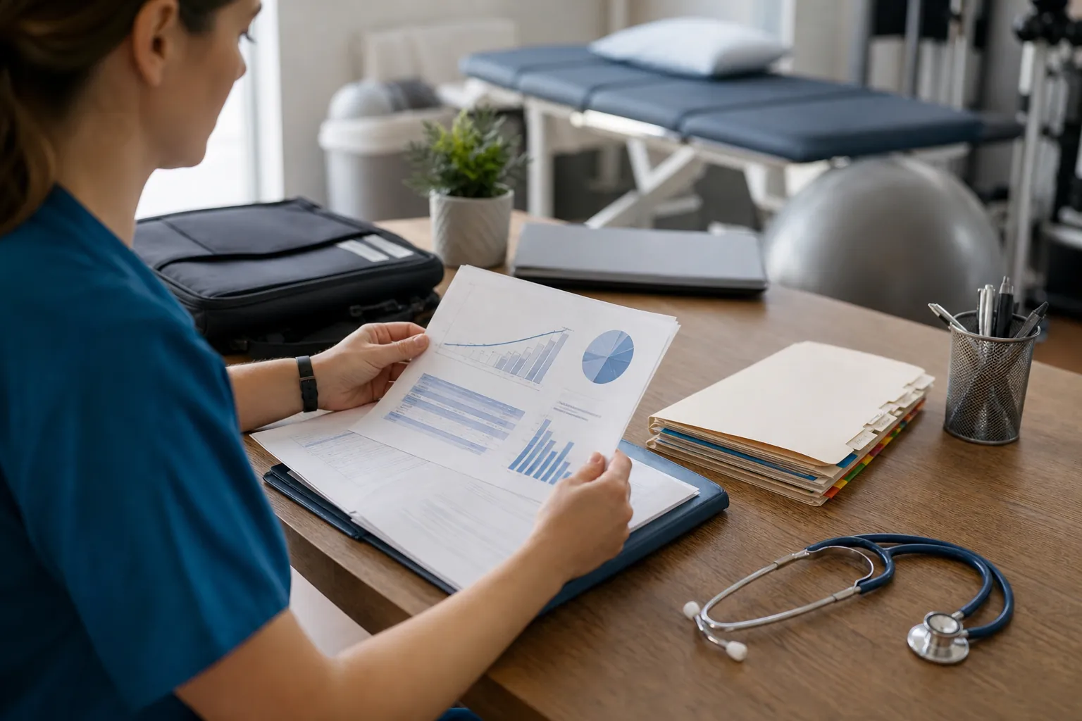 Reviewing Printed Performance Charts in a Rehab Room A person in blue scrubs reviews printed charts at a desk with folders and a stethoscope in a rehabilitation room.