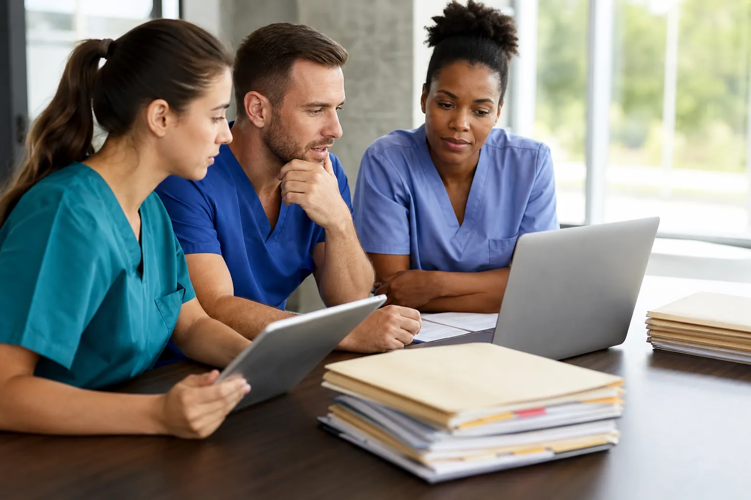 Three healthcare workers in scrubs review a laptop and tablet at a table with paperwork and stacked folders.