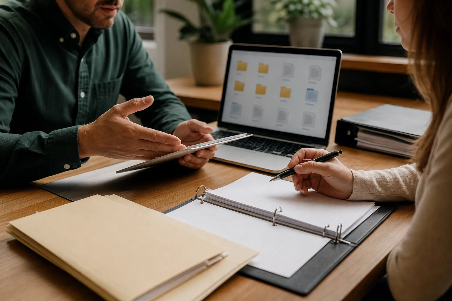 Two people review documents at a wooden desk with a tablet, a laptop displaying file icons, and an open ring binder.