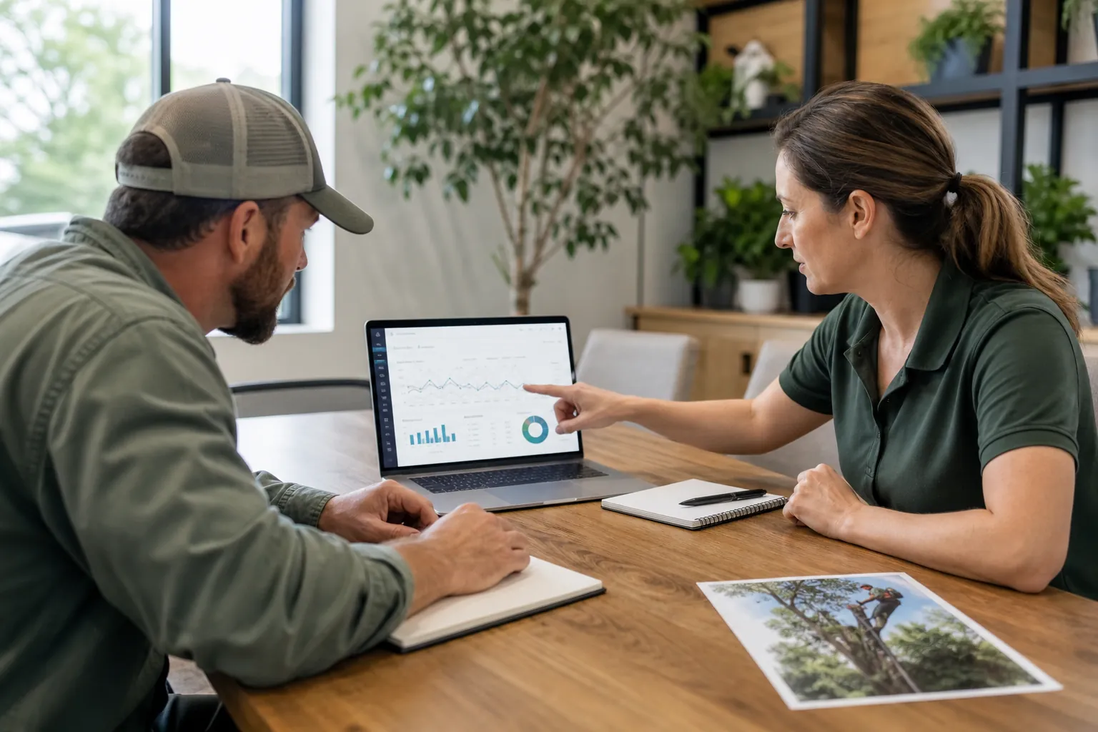 Two people review charts on a laptop at a wooden table with notebooks and a printed photograph of a tree worker.