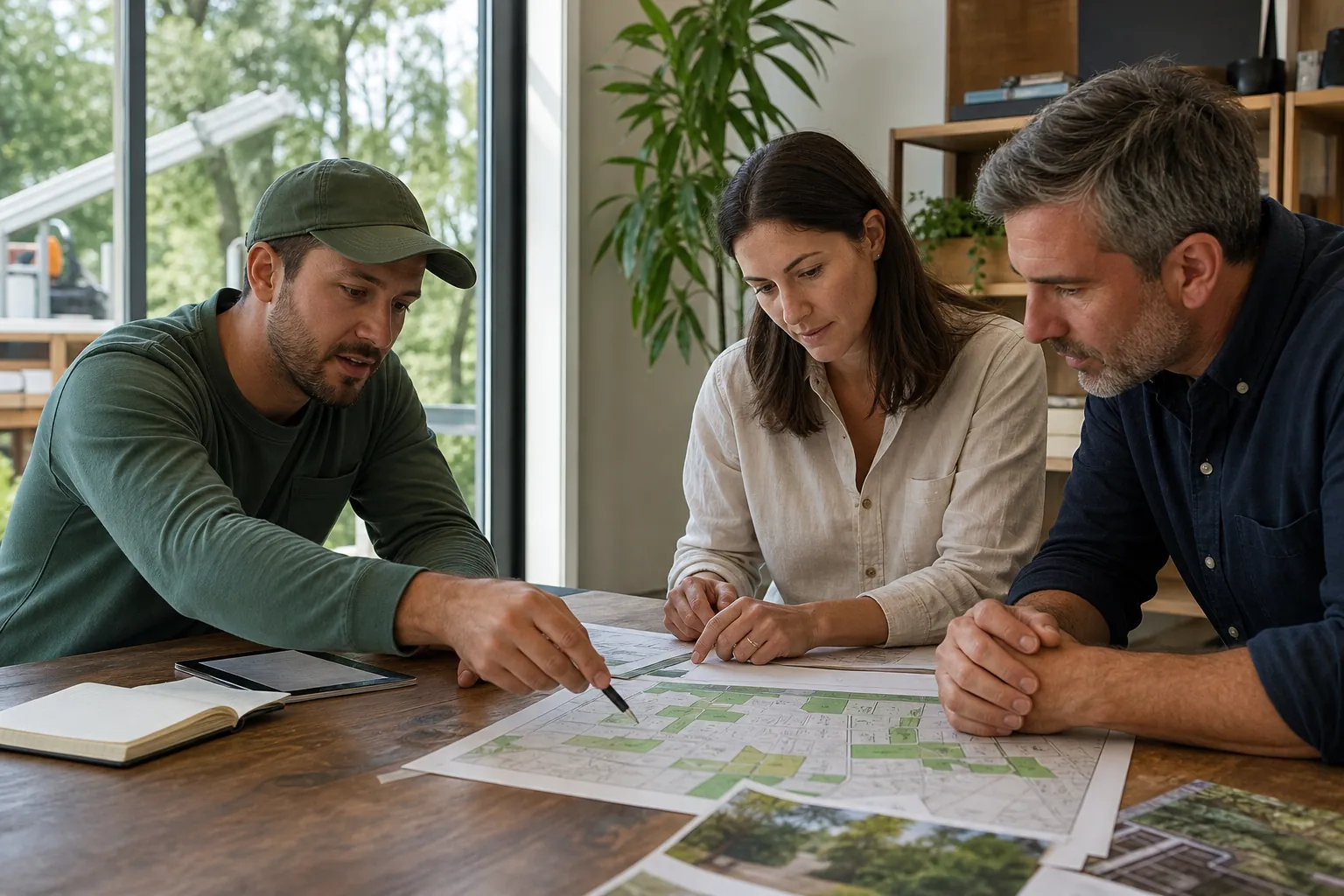 Three adults review a large map at a wooden table, with one man pointing a pen at it and tree photographs nearby.