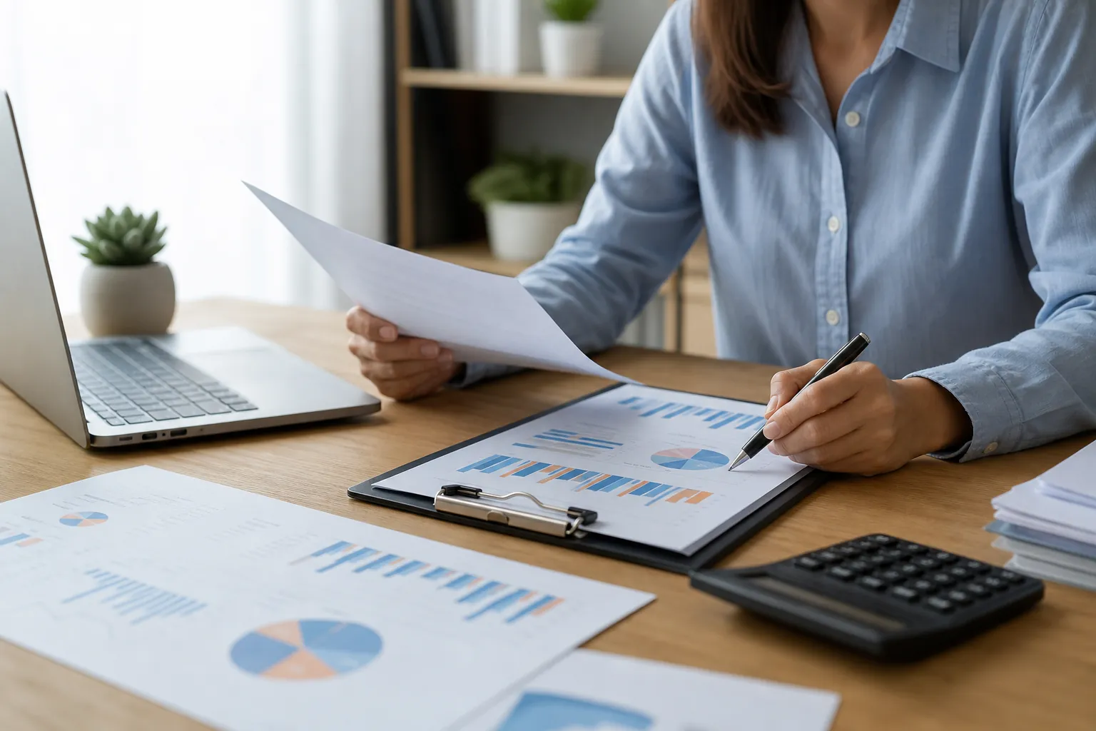 A person in a blue shirt reviews printed charts with a pen at a desk with a laptop, calculator, and clipboard.