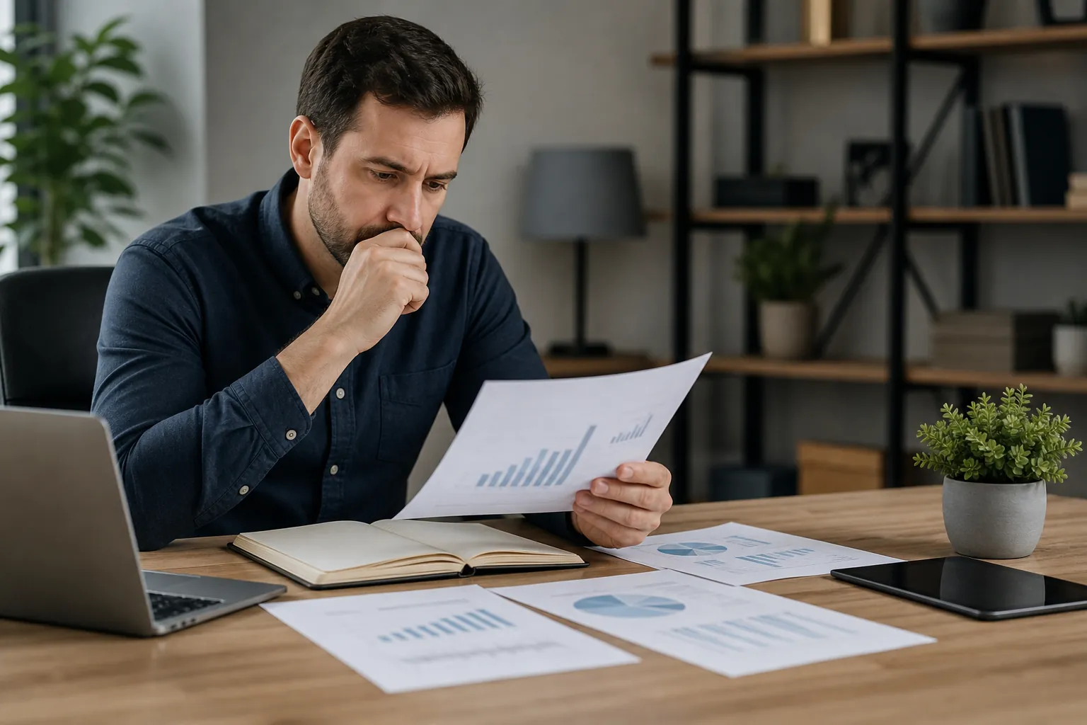 A thoughtful man reviews printed bar and pie charts at a wooden desk with a laptop, open notebook, and tablet.