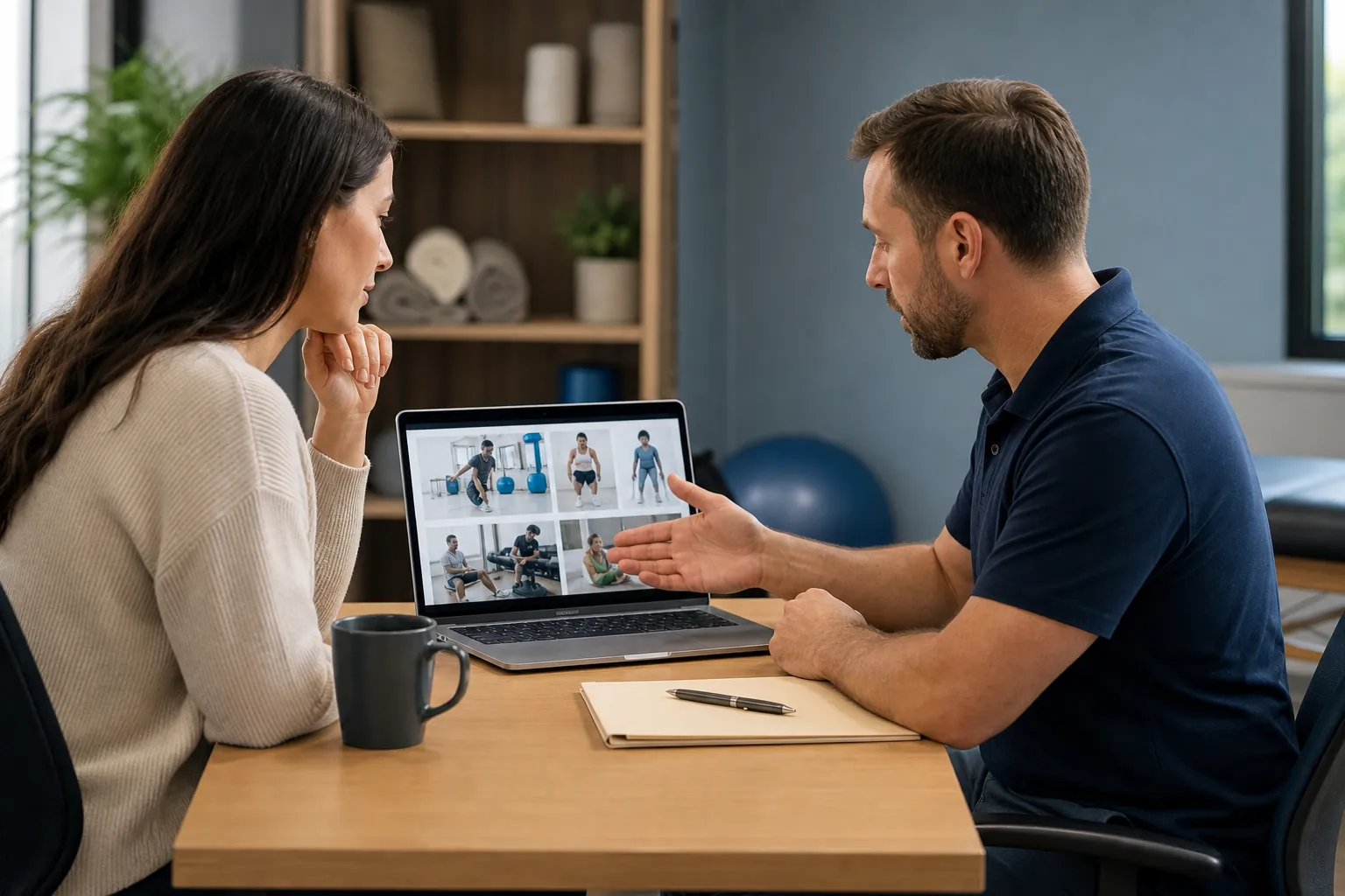 A man and woman review rehabilitation exercise photos on a laptop at a desk with a notebook, pen, and mug.