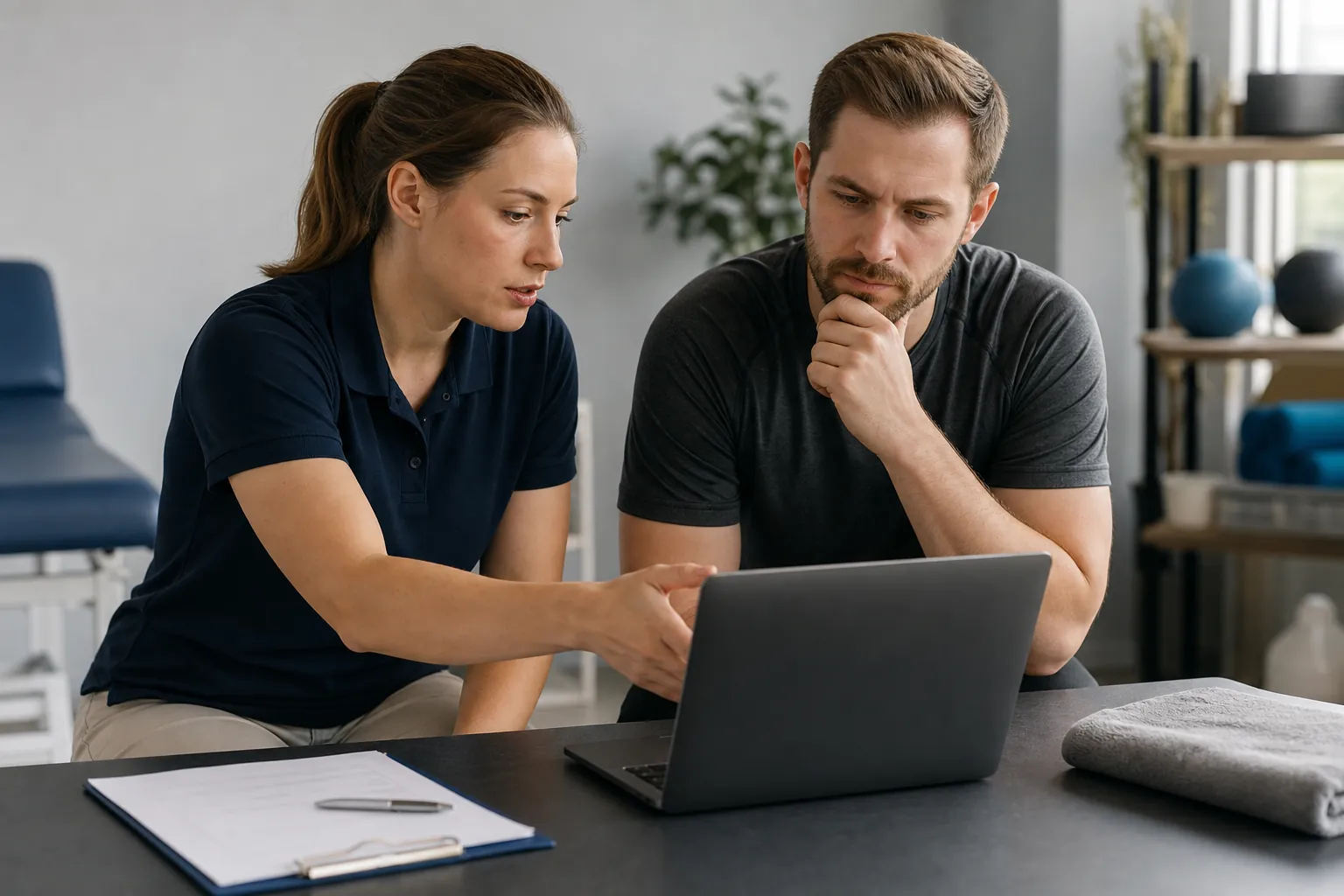 Two People Reviewing a Laptop in a Rehab Room A woman gestures toward a laptop while a man studies it in a rehab room with an exam table and exercise equipment.