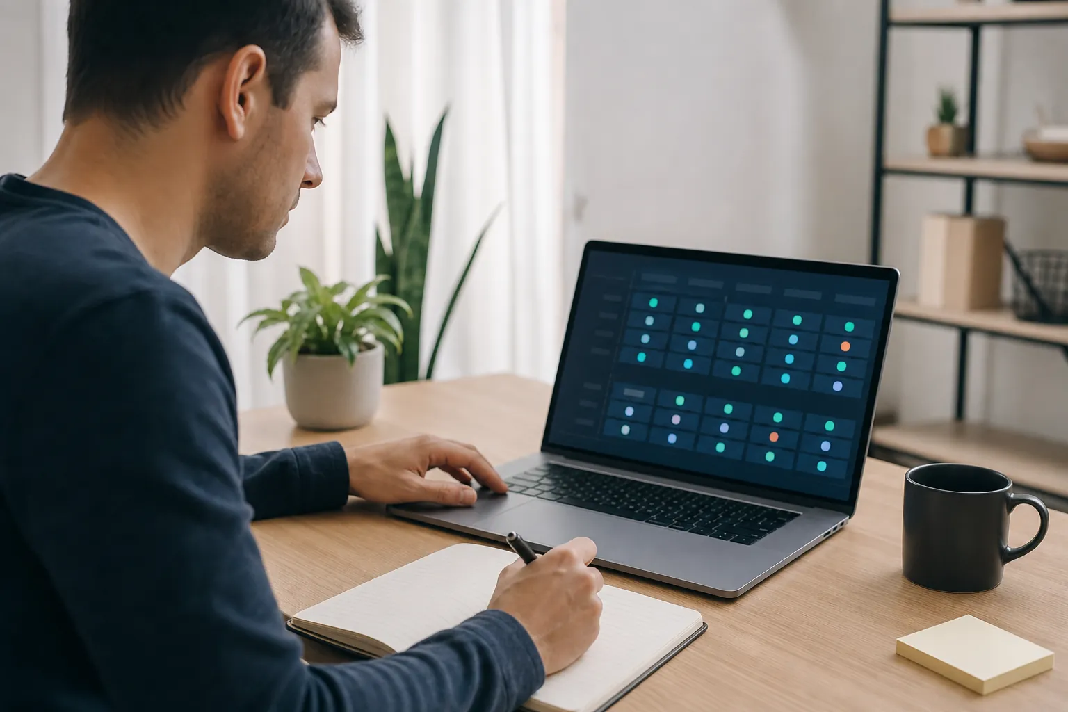 A man holds a pen over an open notebook while viewing a laptop dashboard with rows of colored indicators at a wooden desk.