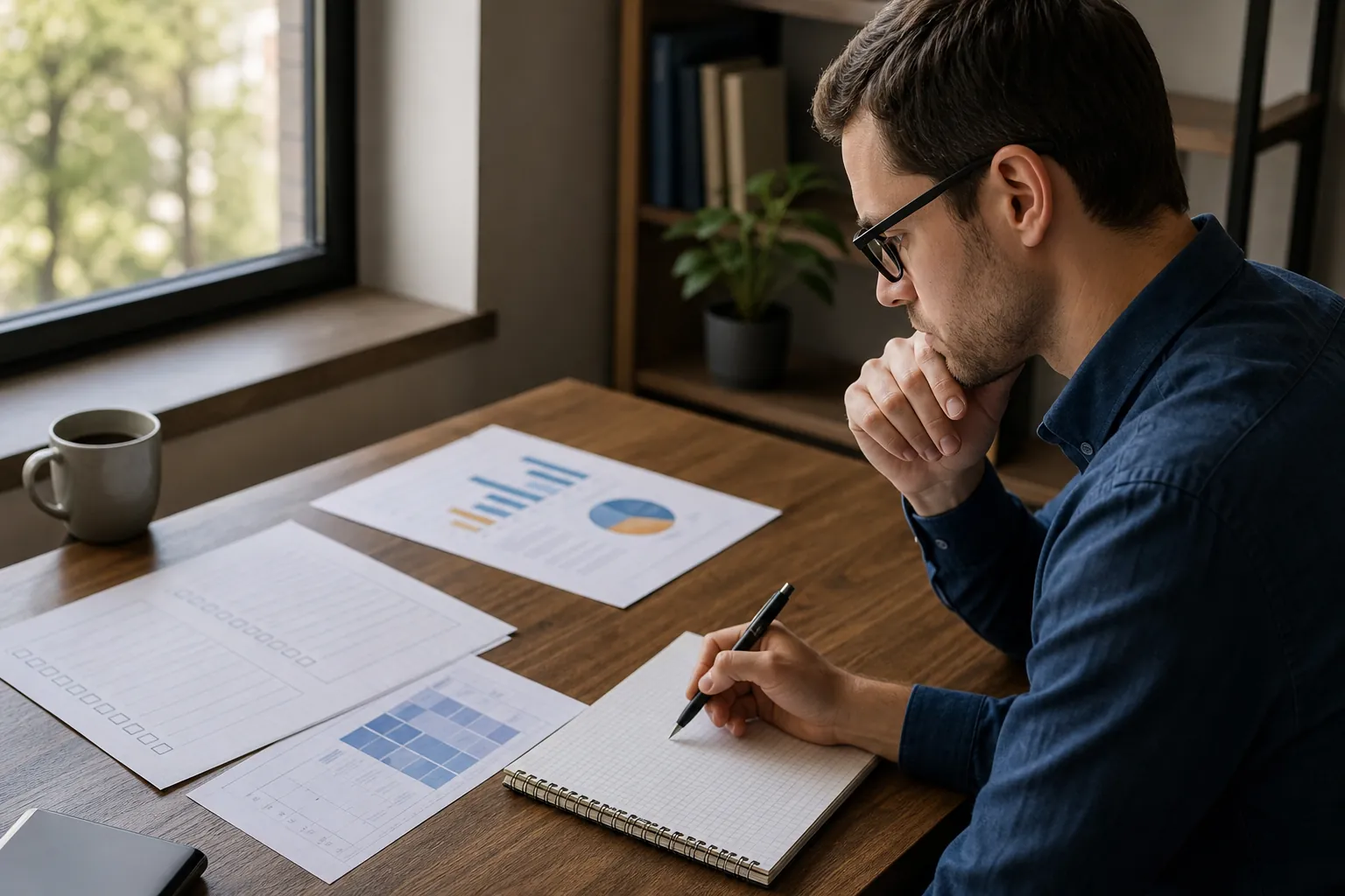 A man wearing glasses studies printed charts at a wooden desk, holding a pen over a spiral notebook beside a coffee mug.
