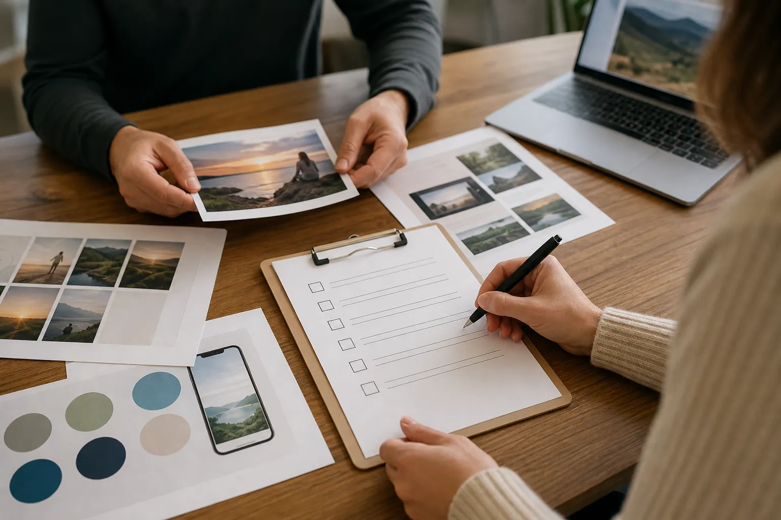Two people review landscape prints, color swatches and a phone mockup beside a laptop and a blank checklist on a clipboard.