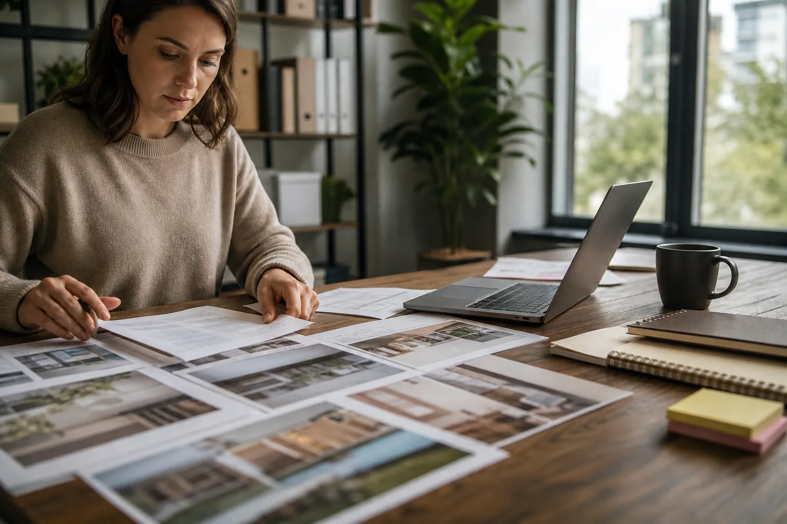 A woman reviews papers and printed website layouts at a wooden desk with a laptop, notebooks, sticky notes and a mug.