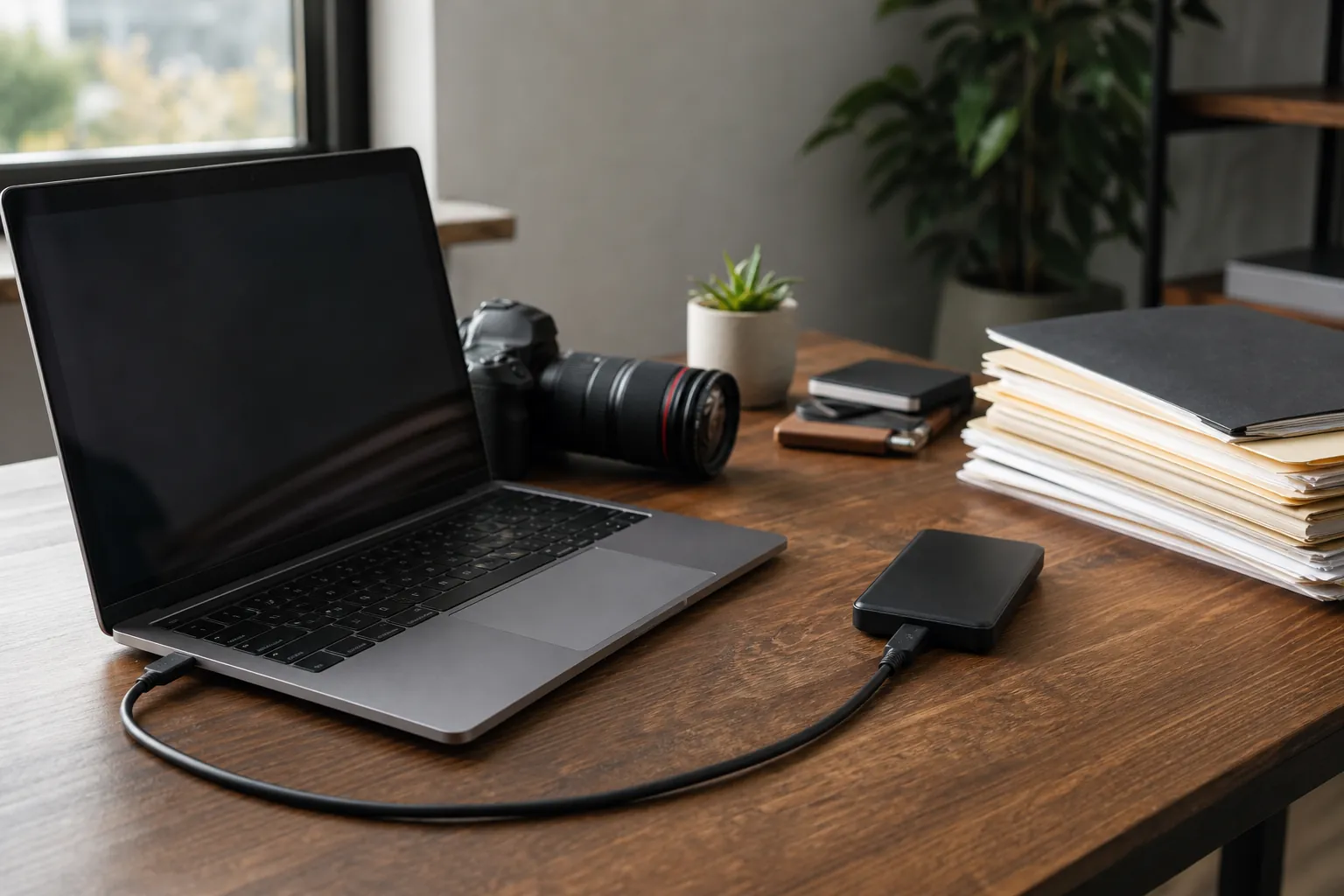 A laptop with a dark screen connects to an external drive on a wooden desk beside a camera, stacked folders, and plants.