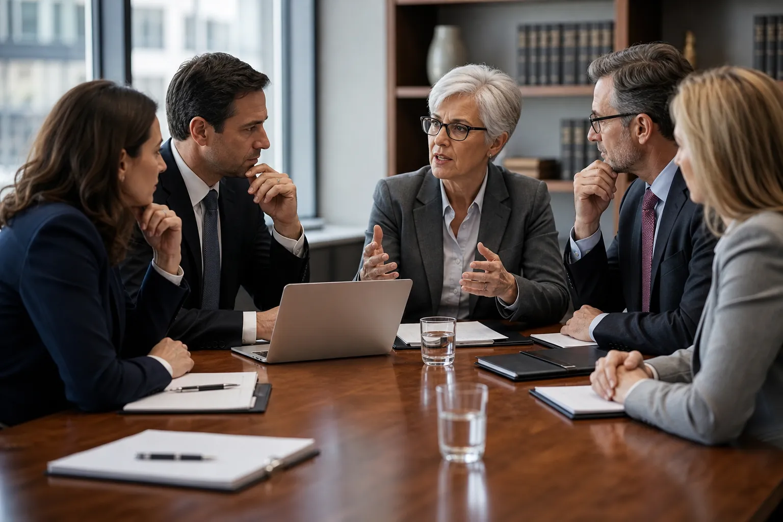 Five business professionals meet around a wooden conference table with a laptop, notepads and water glasses in a book-lined office.