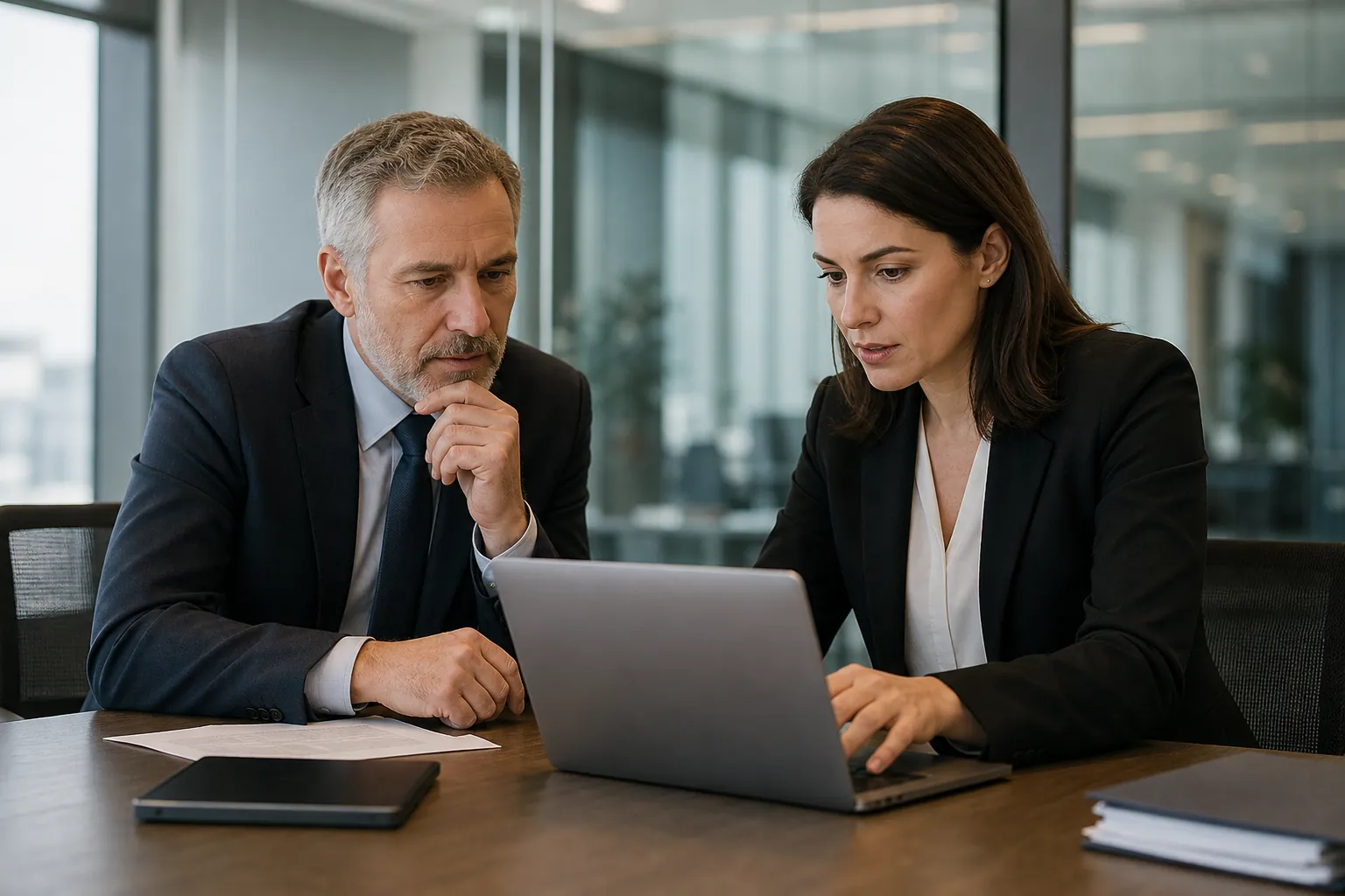 Two business professionals review a laptop at a conference table with papers, a tablet and folders in a glass-walled office.