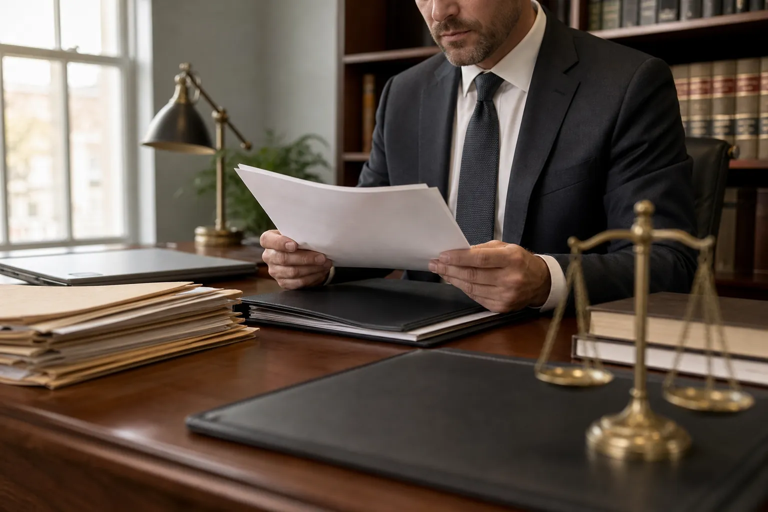 A man in a dark suit reviews papers at a wooden desk with folders, a closed laptop, and brass scales in a book-lined office.