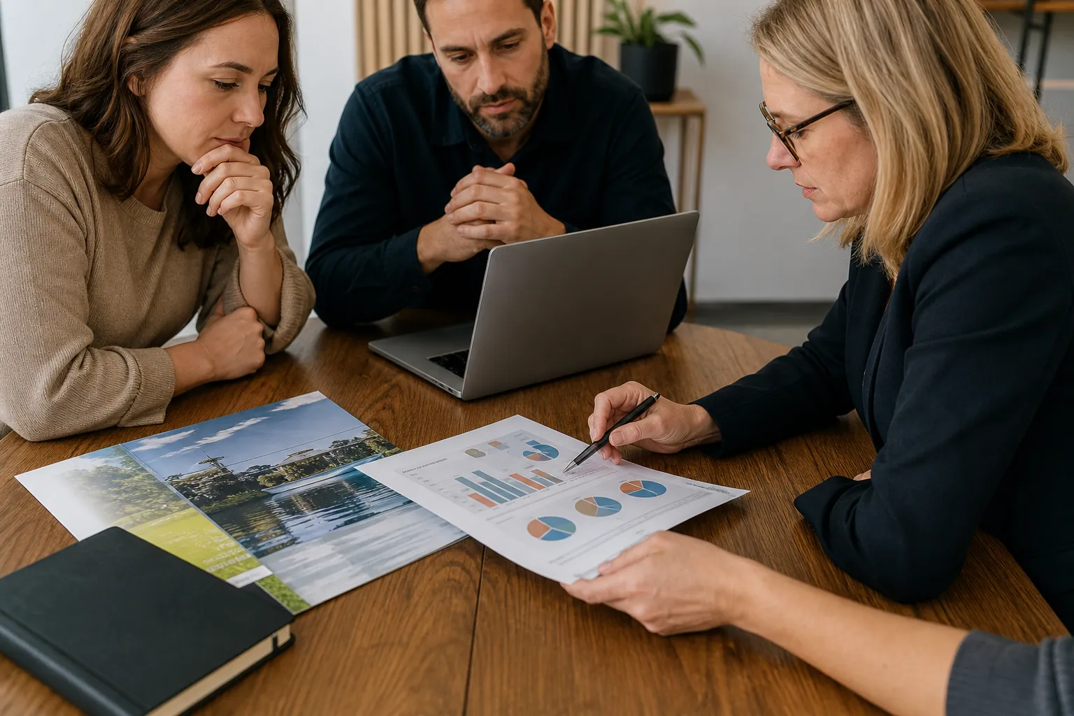 Three adults study a laptop and printed charts at a wooden table while a fourth person's hand holds the report.