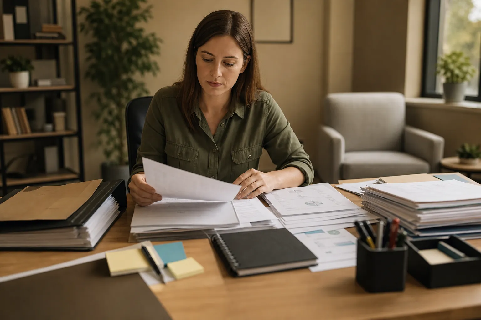 A woman reviews paperwork at a wooden office desk covered with document stacks, binders, a notebook, and sticky notes.