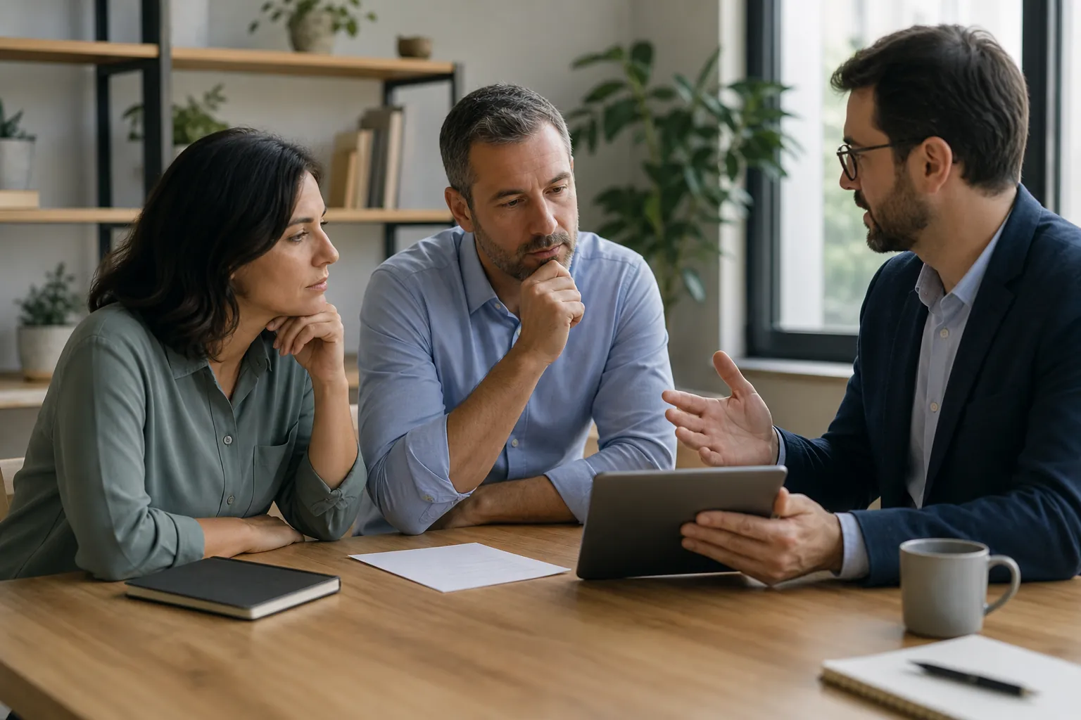 Three adults sit at a wooden office table as a man in glasses holds a tablet and gestures toward the other two.