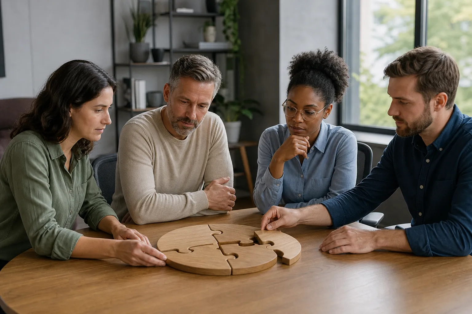 Four adults sit around a wooden table, studying and arranging large wooden puzzle pieces into a circle.