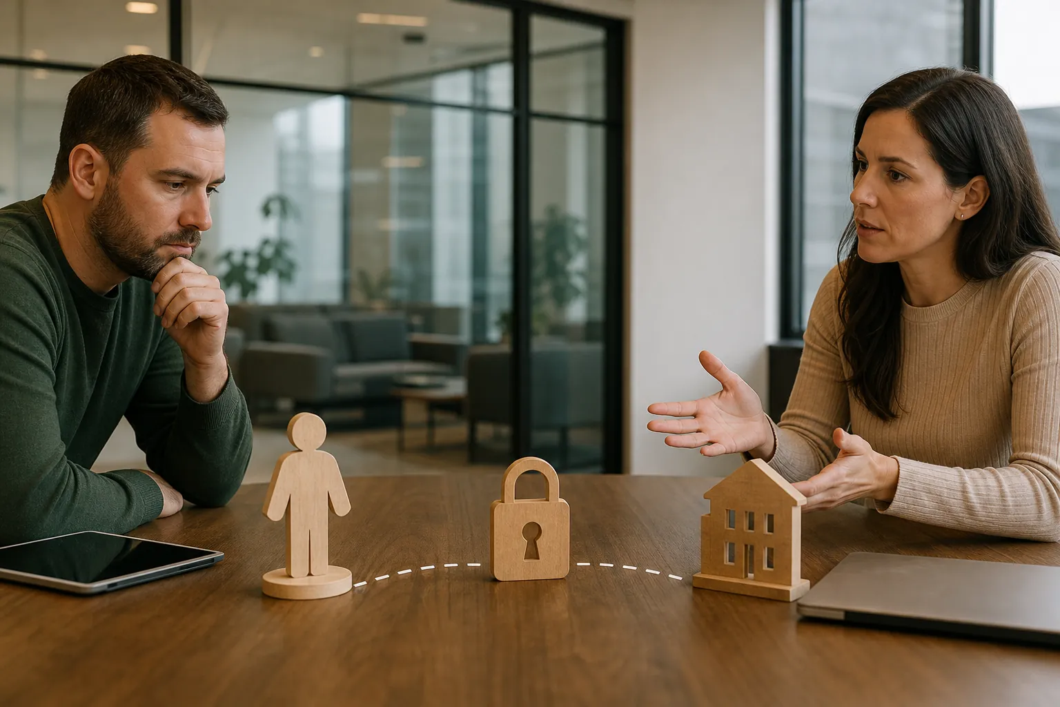 Two adults discuss wooden person, padlock, and house symbols on an office table with a tablet and closed laptop.