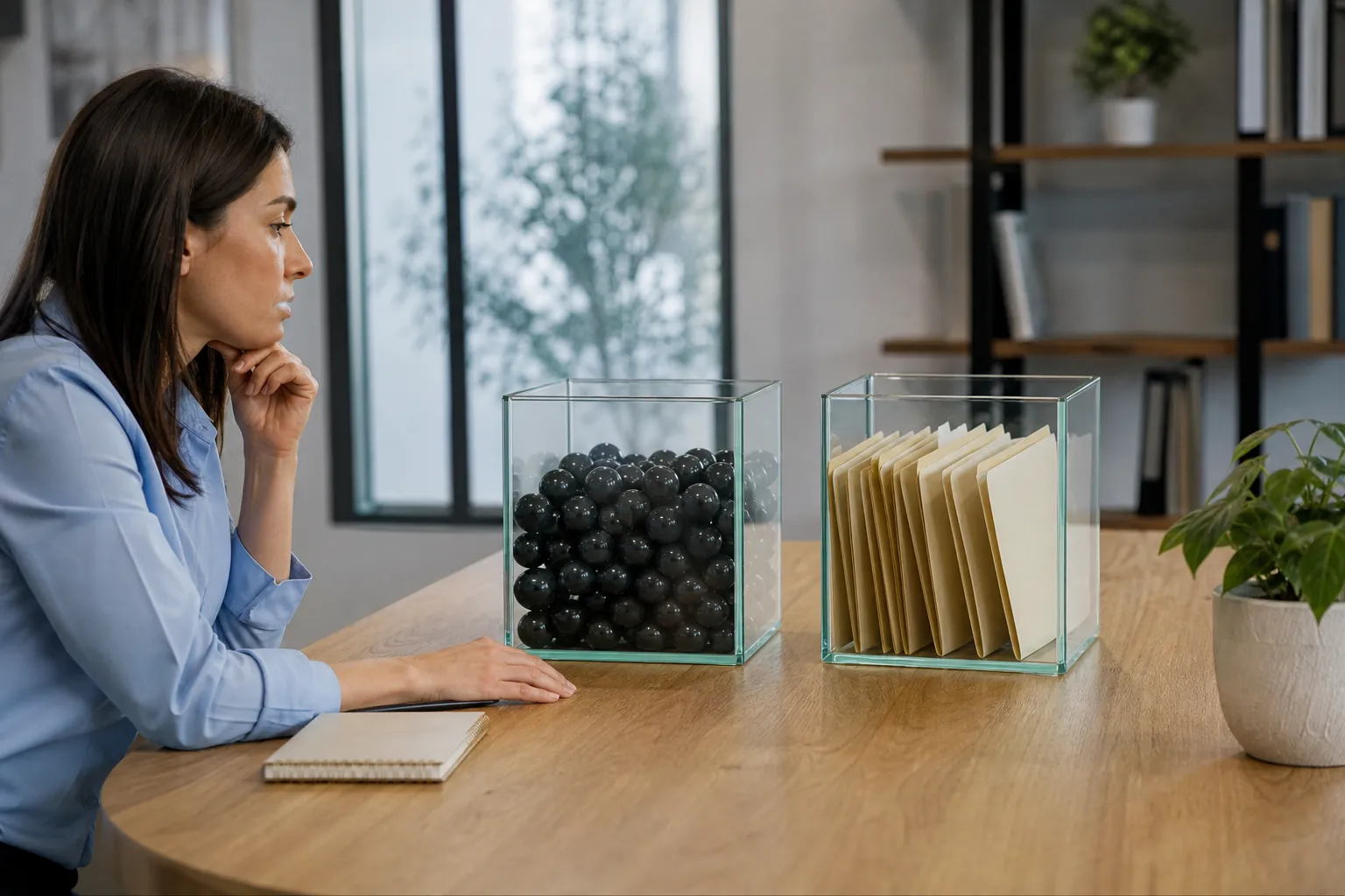 A woman sits at a wooden table beside two separate glass boxes, one holding black spheres and the other paper folders.