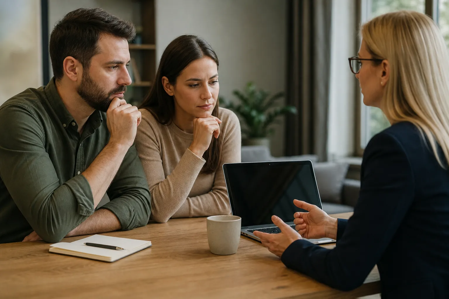 Three adults discuss something across a wooden table with an open laptop, a ceramic mug, and a notebook with a pen.