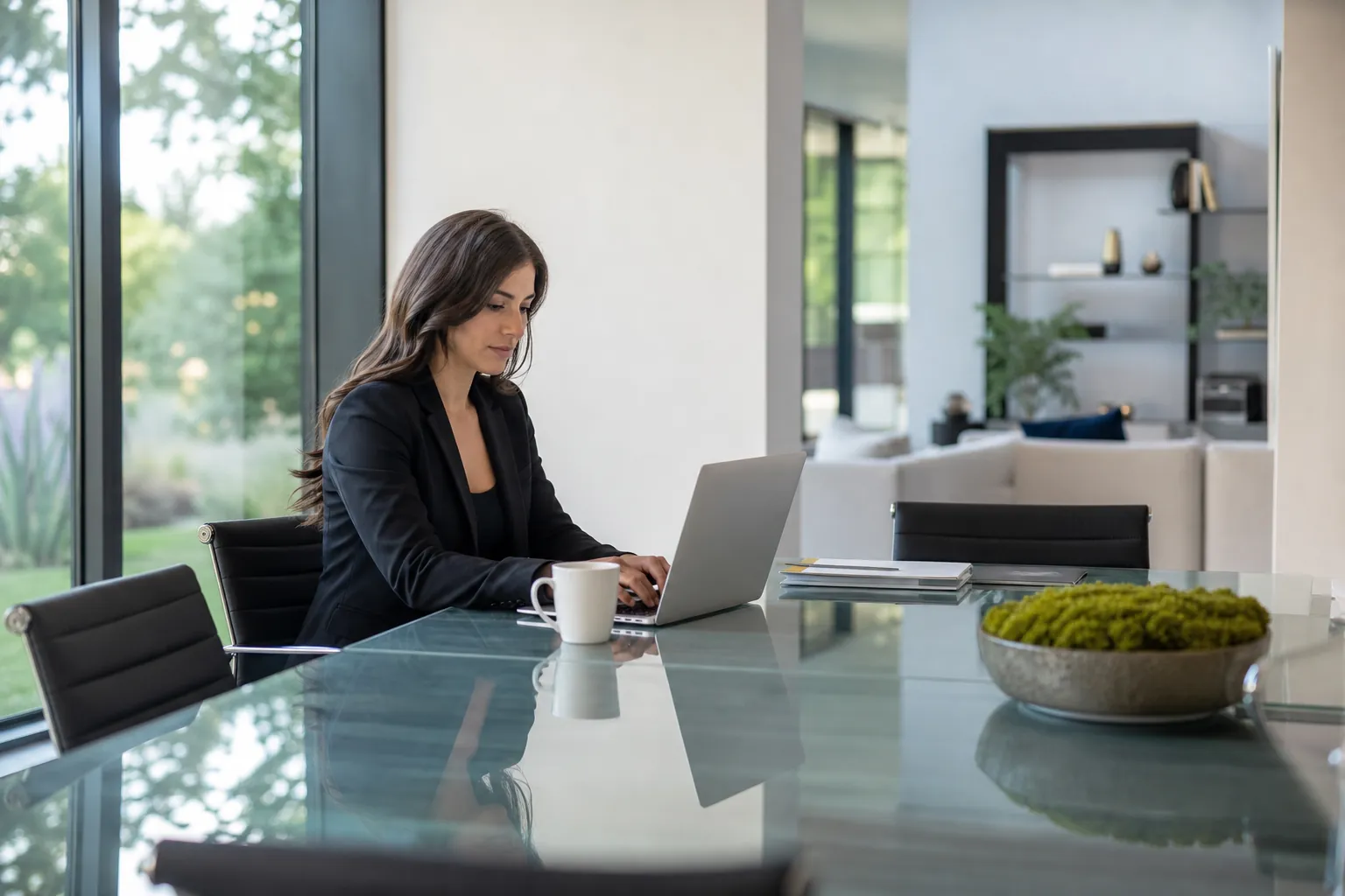 Woman in a black blazer typing on a laptop at a glass conference table beside a white mug and stacked notebooks.