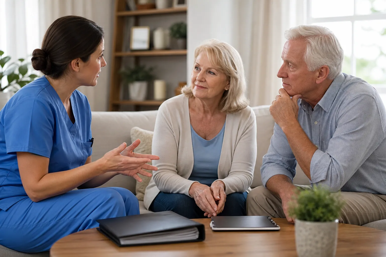 A woman in blue scrubs talks with an older couple on a sofa, with a binder, clipboard and potted plant on the coffee table.