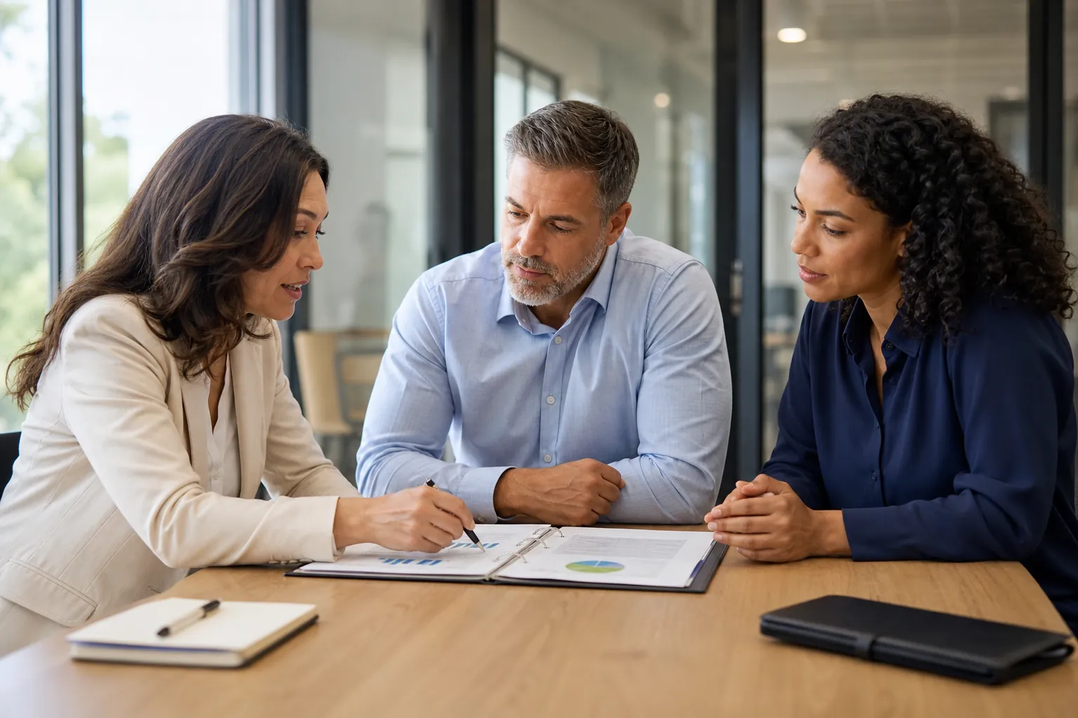 Three business professionals review charts in an open binder at a wooden conference table in a glass-walled office.