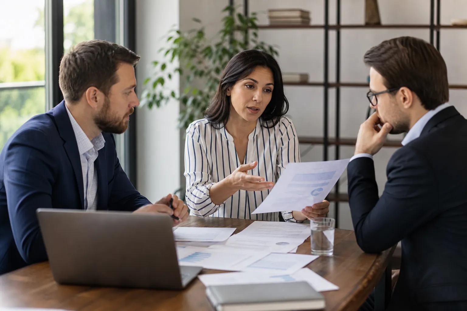 Three business professionals discuss printed charts at a wooden table with an open laptop, scattered documents and a glass of water.