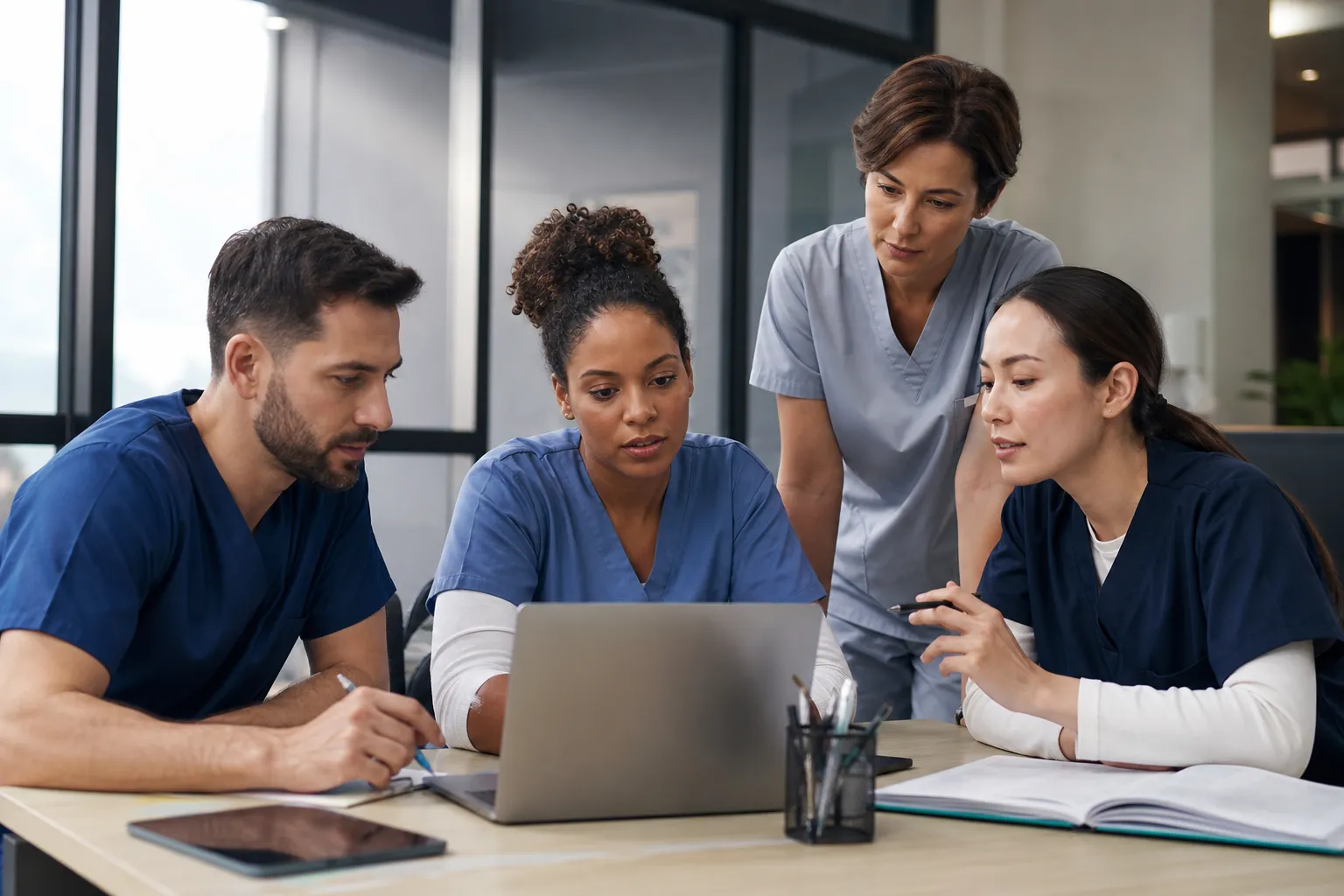 Four healthcare workers in scrubs gather around a laptop at a table with an open notebook, tablet and pens.