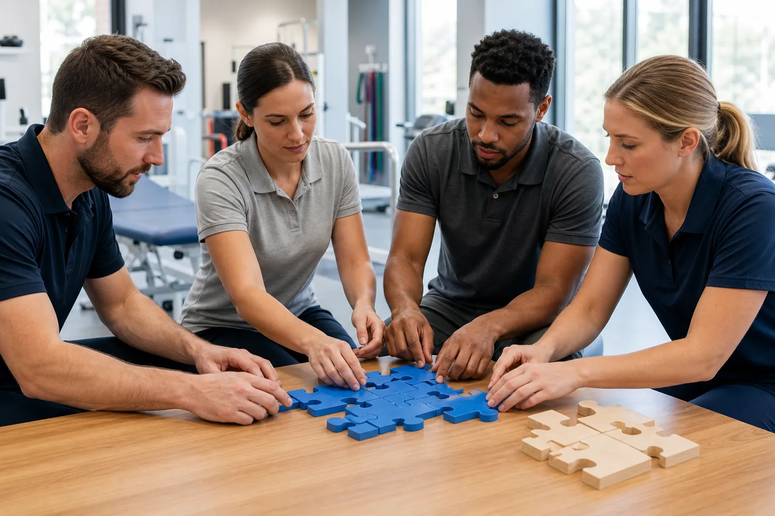 Rehab Team Assembling Shared Puzzle Pieces Four adults in polo shirts assemble blue puzzle pieces at a wooden table, with separate natural wood pieces in a rehab setting.