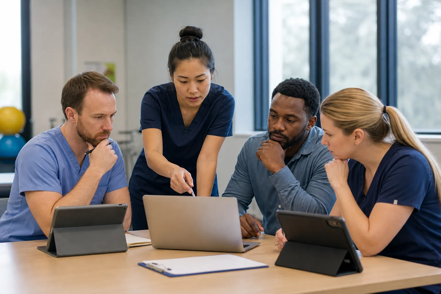 Healthcare Team Reviewing a Laptop Together Four healthcare colleagues gather around a laptop at a table with two tablets and a clipboard in a bright clinical workspace.