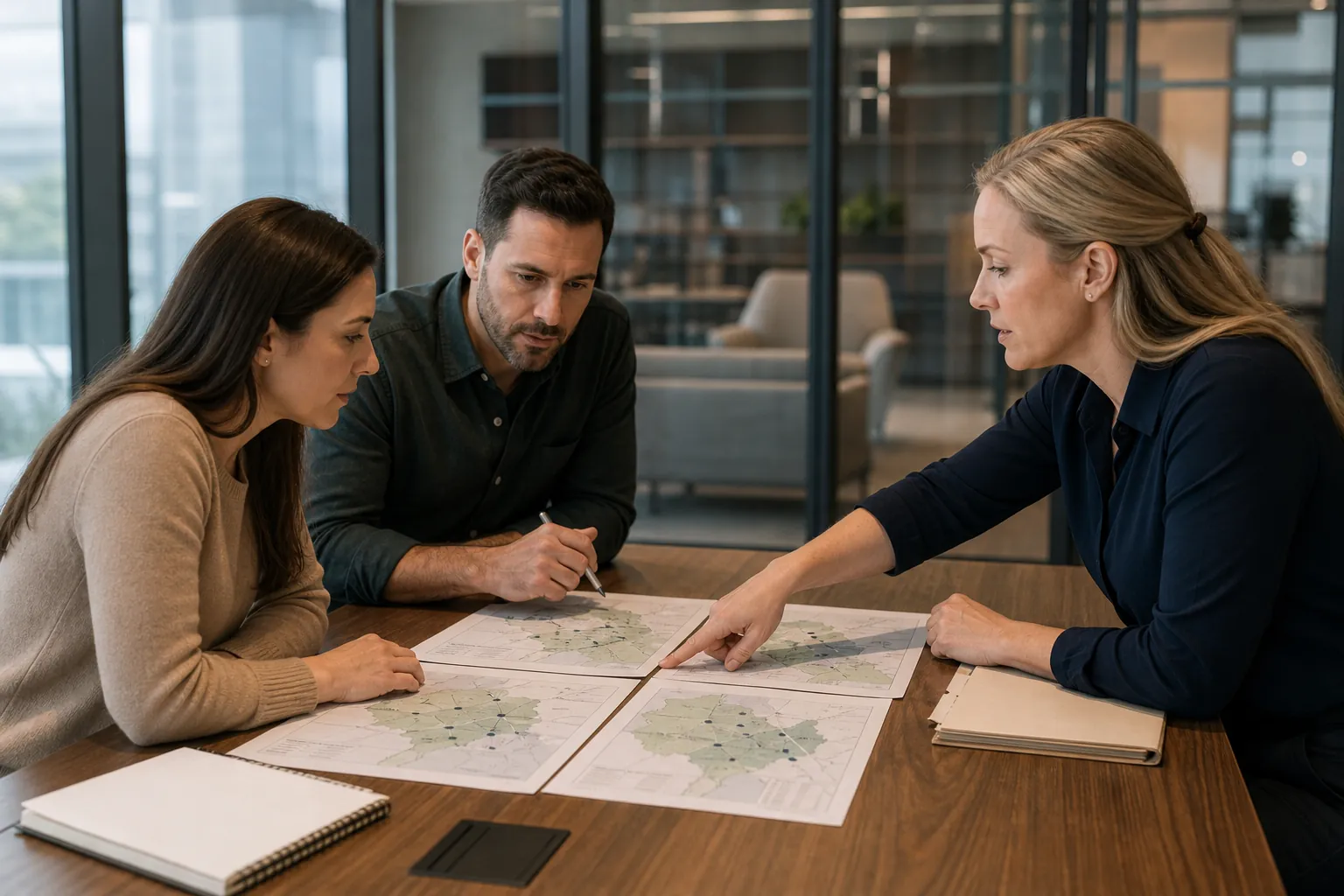 Team Reviewing Maps for Location Planning Three colleagues review printed maps at a wooden conference table, with one woman pointing to a location on a map.