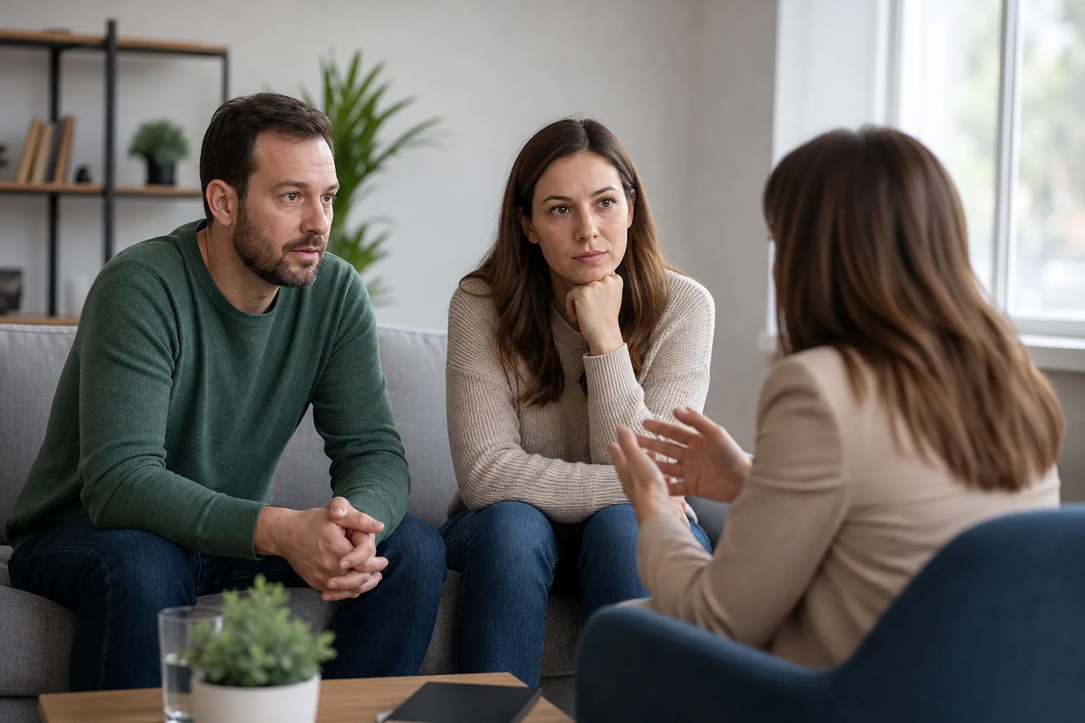 Couple Speaking With a Counselor in an Office A man and woman sit on a gray sofa facing a woman in a beige jacket who gestures during a counseling conversation.