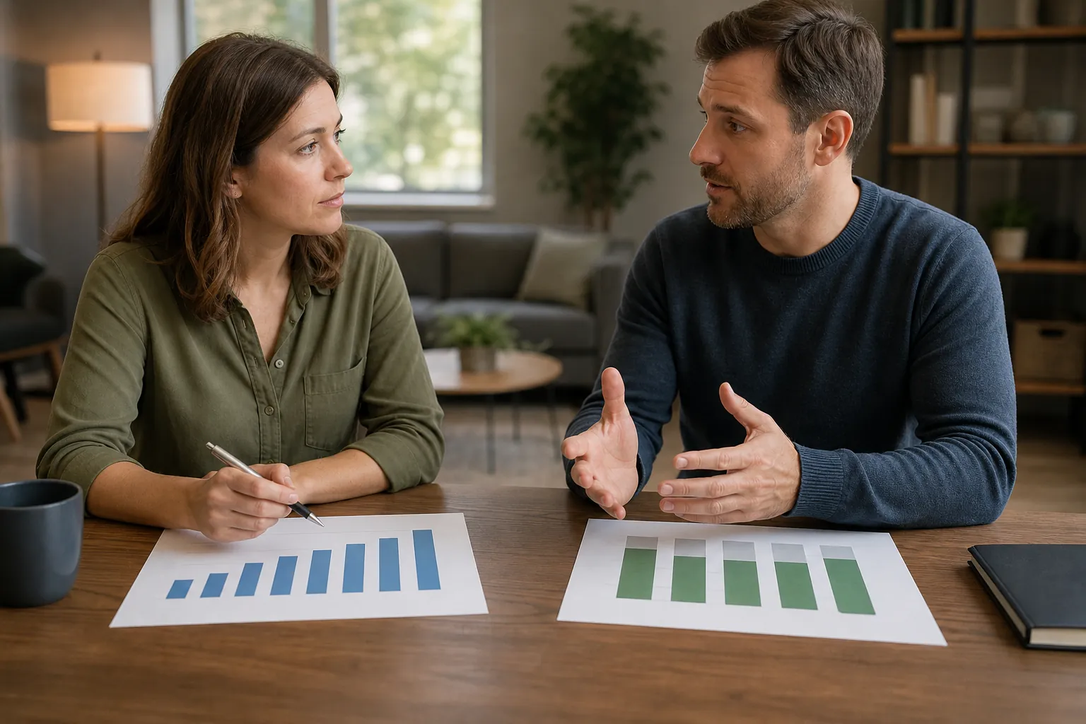 Discussing Rising Demand and Capacity-Limited Admissions Two adults discuss printed bar charts at a wooden table, one with rising blue bars and another with level green bars.