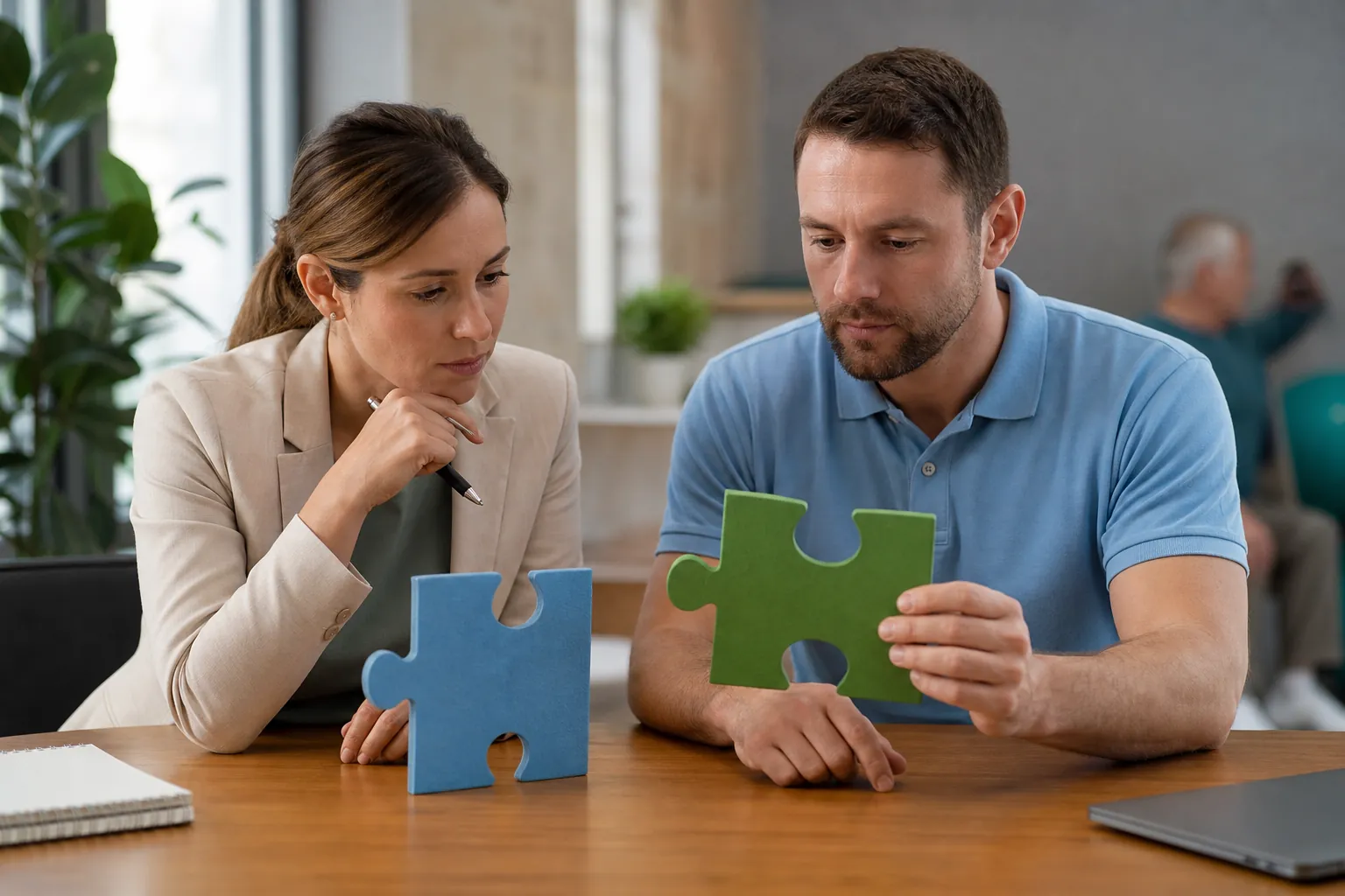 A woman in a beige blazer and a man in a blue polo study separate blue and green puzzle pieces at a wooden office table.