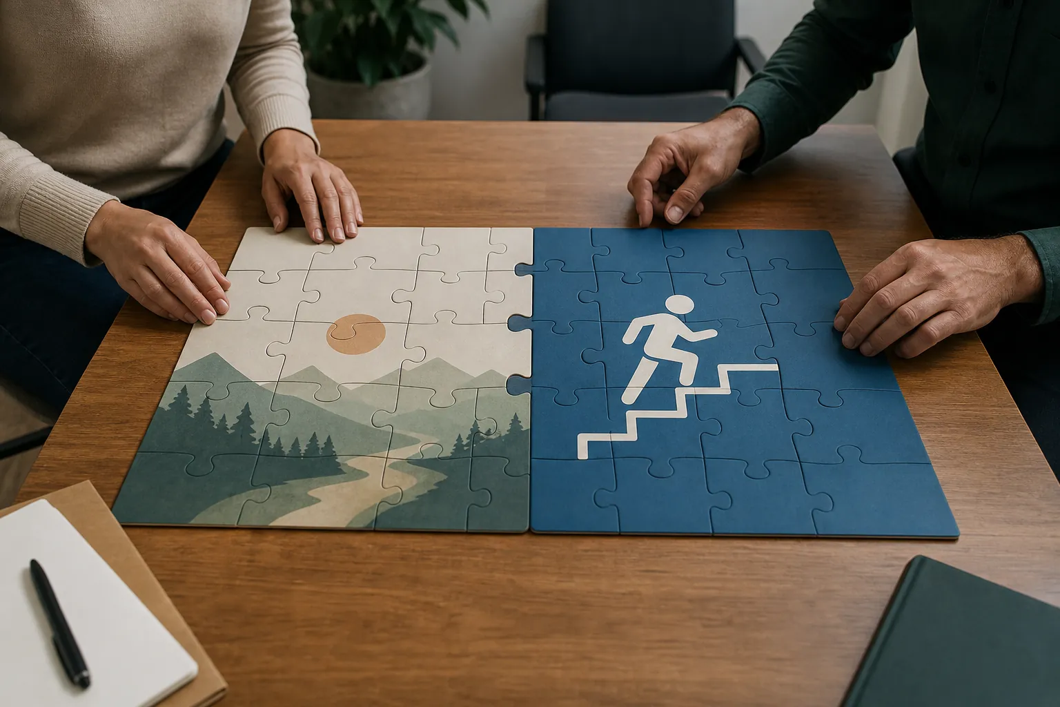 Two people assemble a large puzzle on a wooden table, pairing a mountain landscape with a figure climbing stairs.