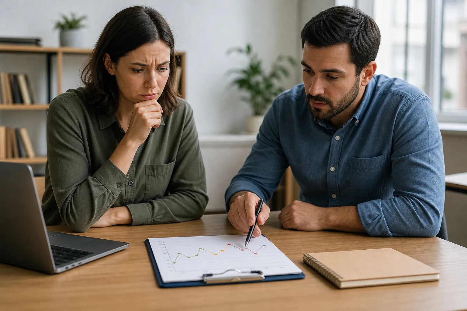 Two concerned adults review a line chart on a clipboard at a wooden table beside an open laptop and spiral notebook.