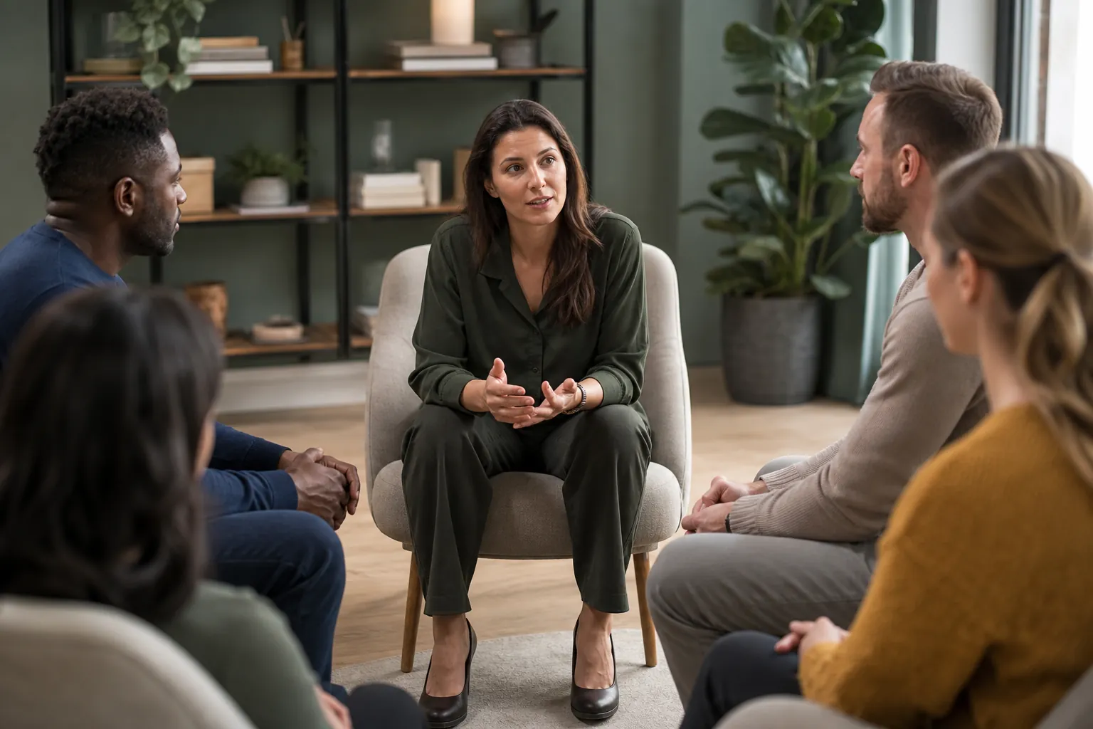 Five adults sit in a circle as a woman leads a discussion in a calm treatment center setting.