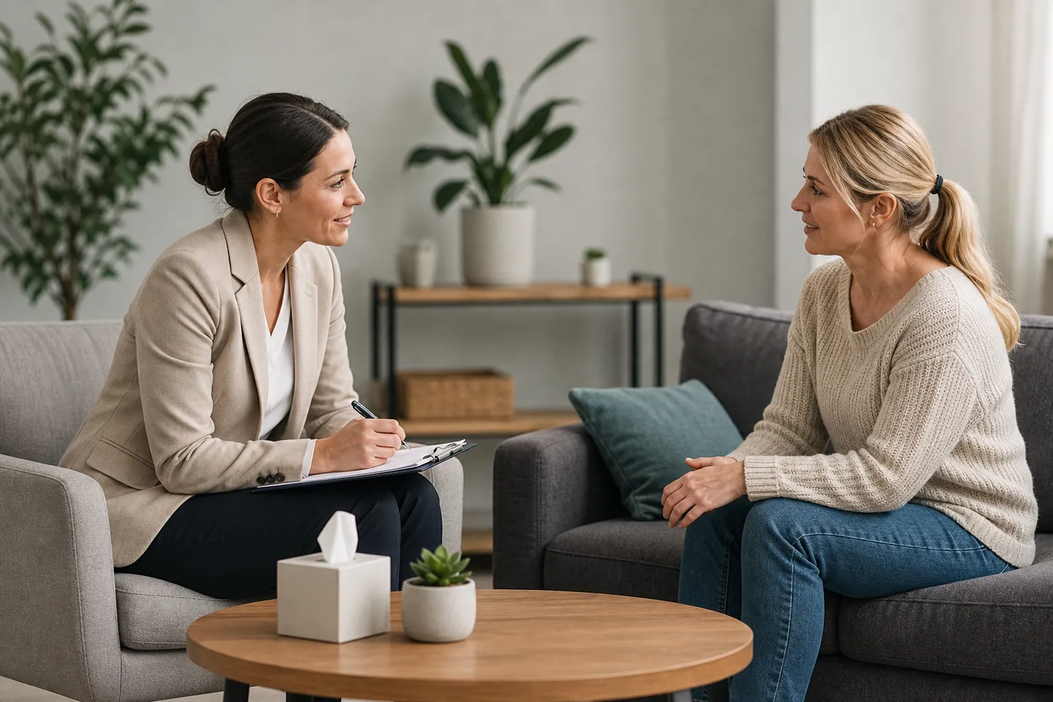 A counselor with a clipboard speaks with a woman seated across from her in a comfortable office with plants.