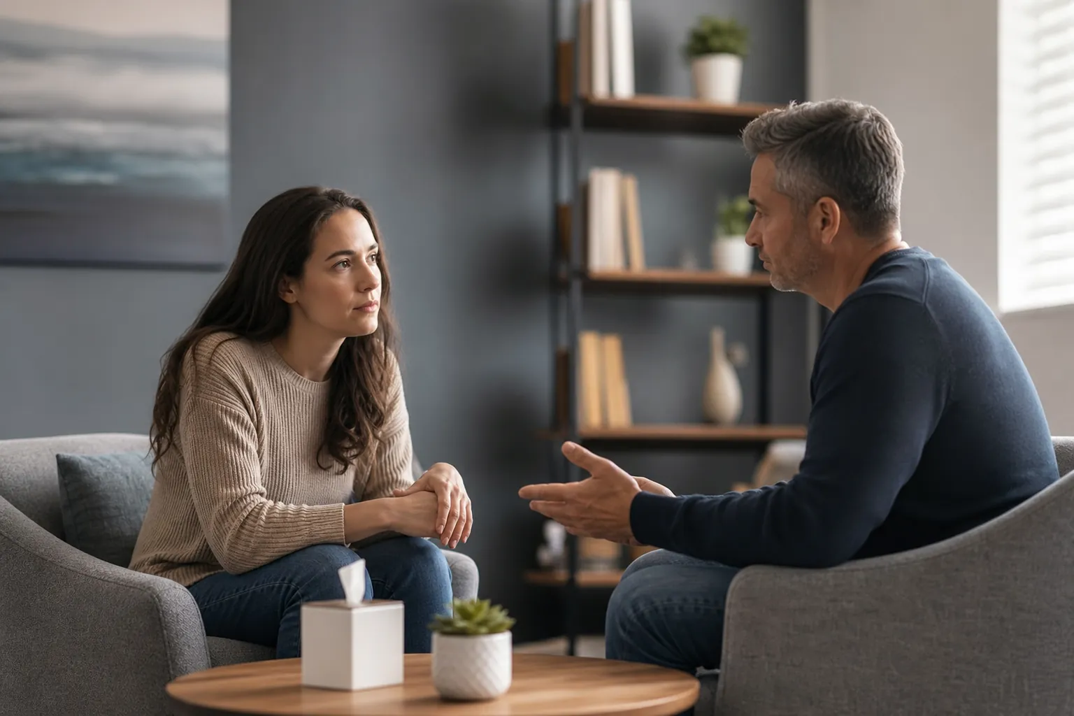 A woman listens to a man gesturing during a private conversation in a calm office with tissues on the table.